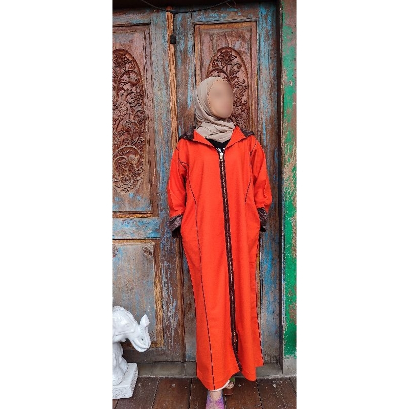 Baju Umroh Gamis Hoodie Djellaba Maroko Jalabah Jubah Kapucong Maroko Wool Laken Orange Wanita