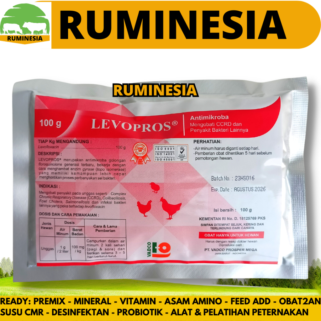 LEVOPROS 100 GRAM VADCO - Obat Ayam Cekres Batuk Crd Colibacilosis Salmonella Fowl Cholera CCRD  Lik