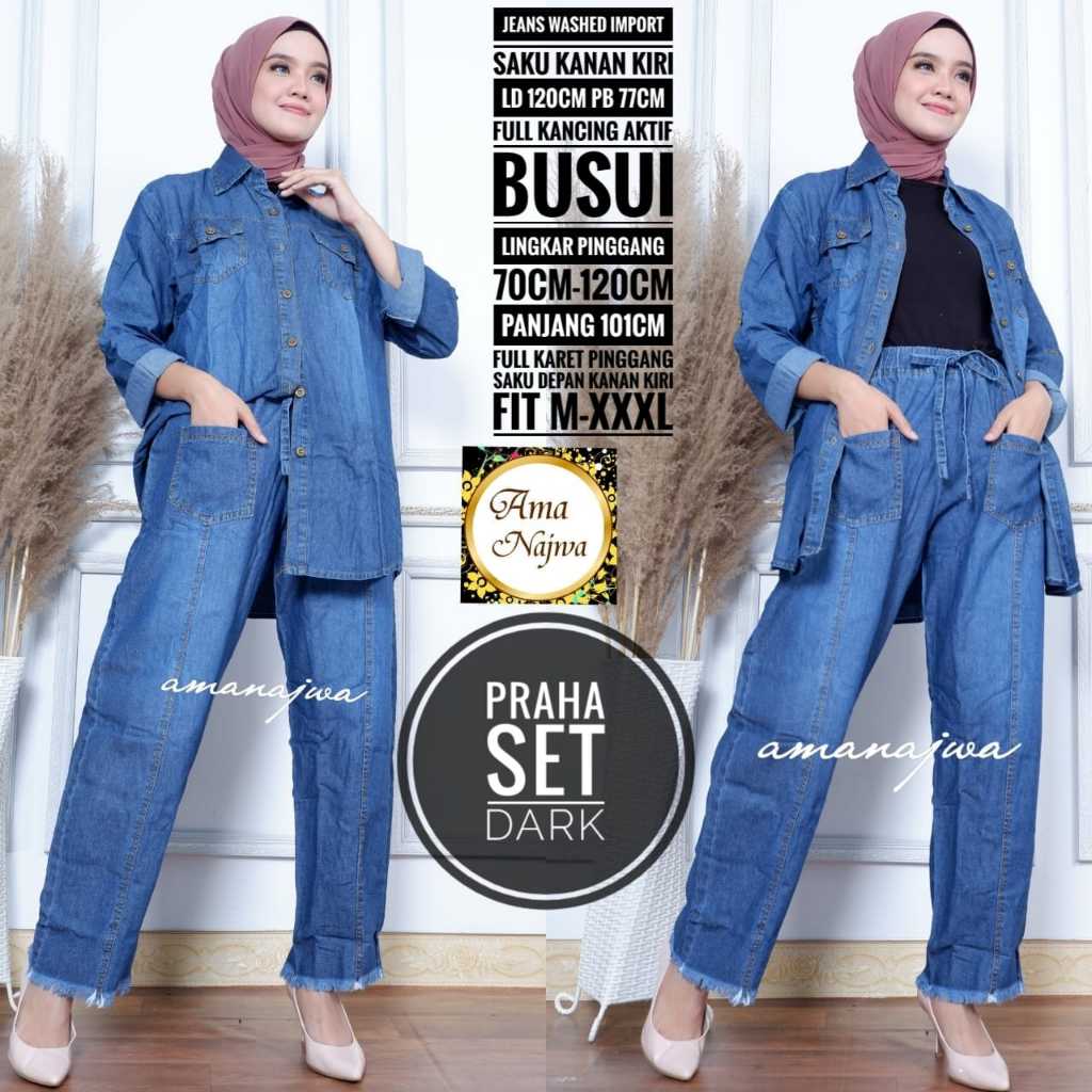praha setelan 1 one set oneset stelan setcel atasan jeans washed wash jumbo bigsize over big size ld