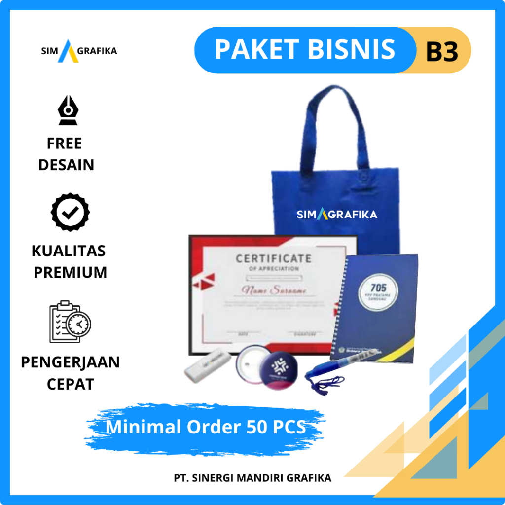 

Paket Seminar Kit Premium Untuk Berbagai Acara - Goodiebag, Sertiﬁkat, Note Ring Kawat, Pulpen, Sticker, Pin 58 mm, Flashdisk 4 GB (BISA CUSTOM-FREE DESAIN)