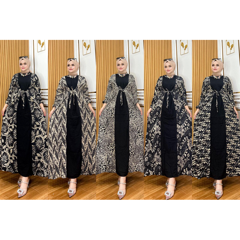 gamis kardigan batik kombinasi polos hitam | gamis buat kondangan atau hari raya bahan adem tidak pe