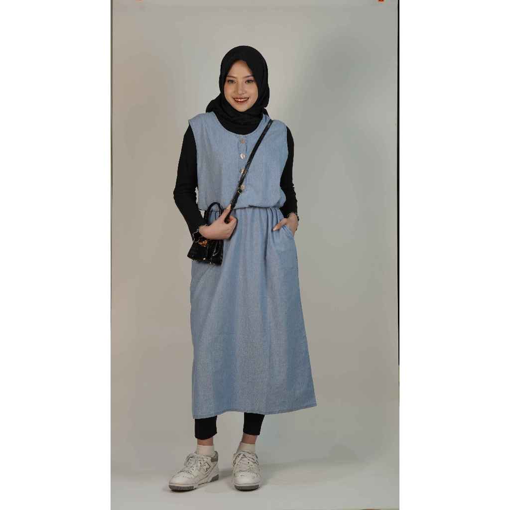 DEVAGO Outer Denim Nayla Tanpa Lengan Gamis Kekinian ALL SIZE