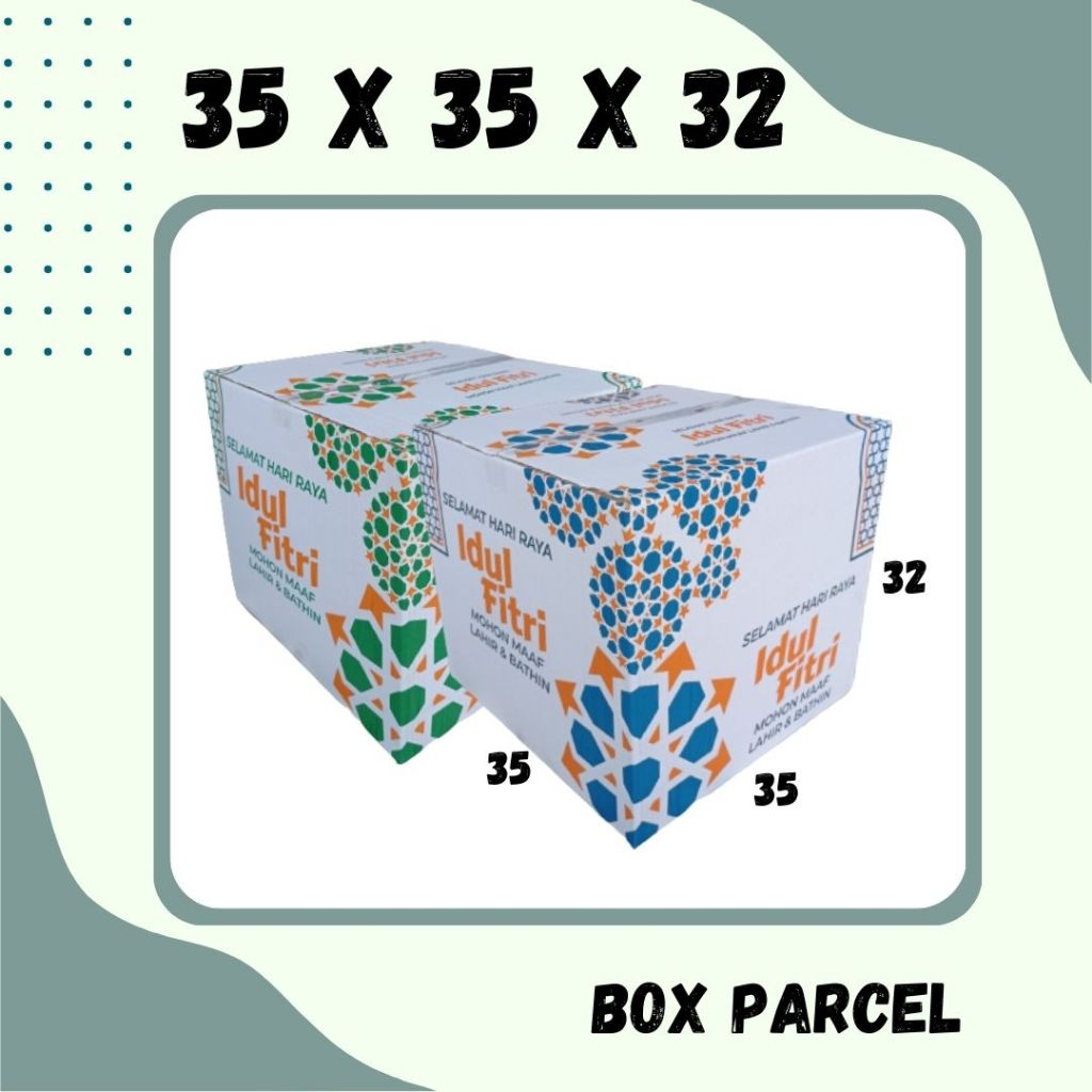 

Box Parcel 35x35x32 Kardus Packing/ Dus Parcel / Box Bingkisan Lebaran/Ied idul Fitri/Paket/Bingkisan sembako/hampers/eid mubarak/Motif