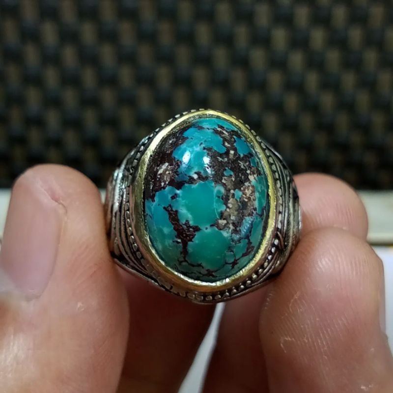 Cincin Batu Pirus Persia Gradasi Lawas Urat Ceplok