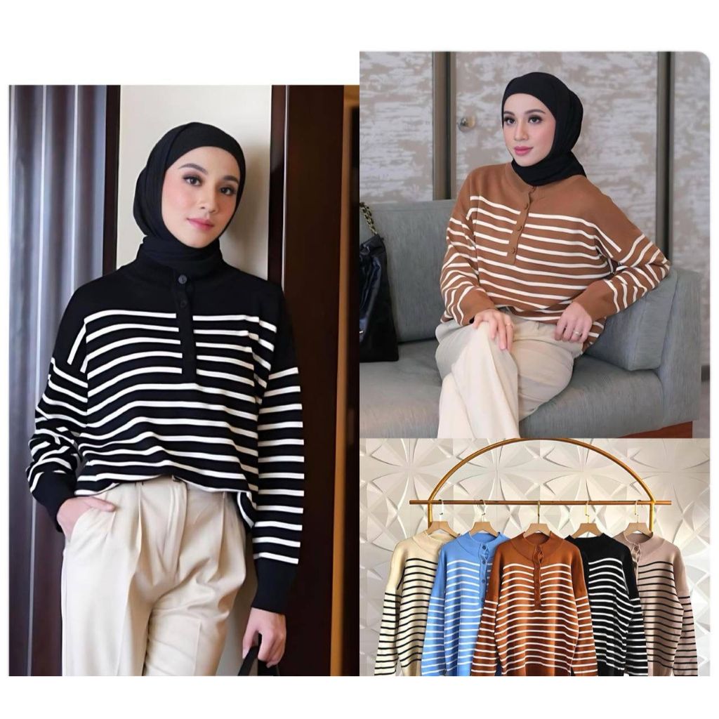 SWEATER RAJUT GARIS GARIS VARIASI BUTTON DEPAN LEHER TURTLE NECK LENGAN PANJANG PREMIUM WANITA ATASA