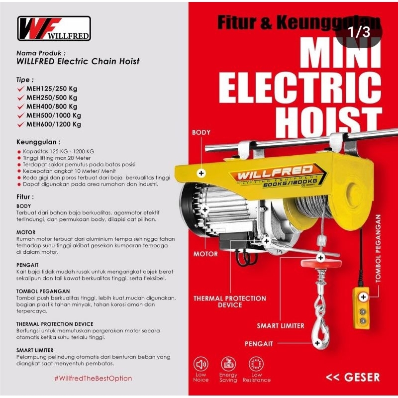 Willfred Mini Electric Chain Hoist Wire Hoist Elektrik Chain Hoist 1 Ton