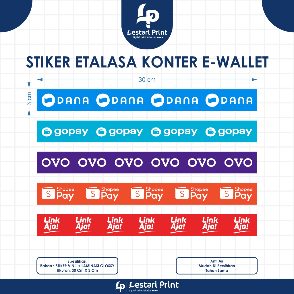 

STIKER ETALASE KONTER E WALLET | TERBARU | MINIMAL ORDER 15 PCS | STIKER E-WALLET | STIKER KONTER | MURAH | LESTARI PRINT