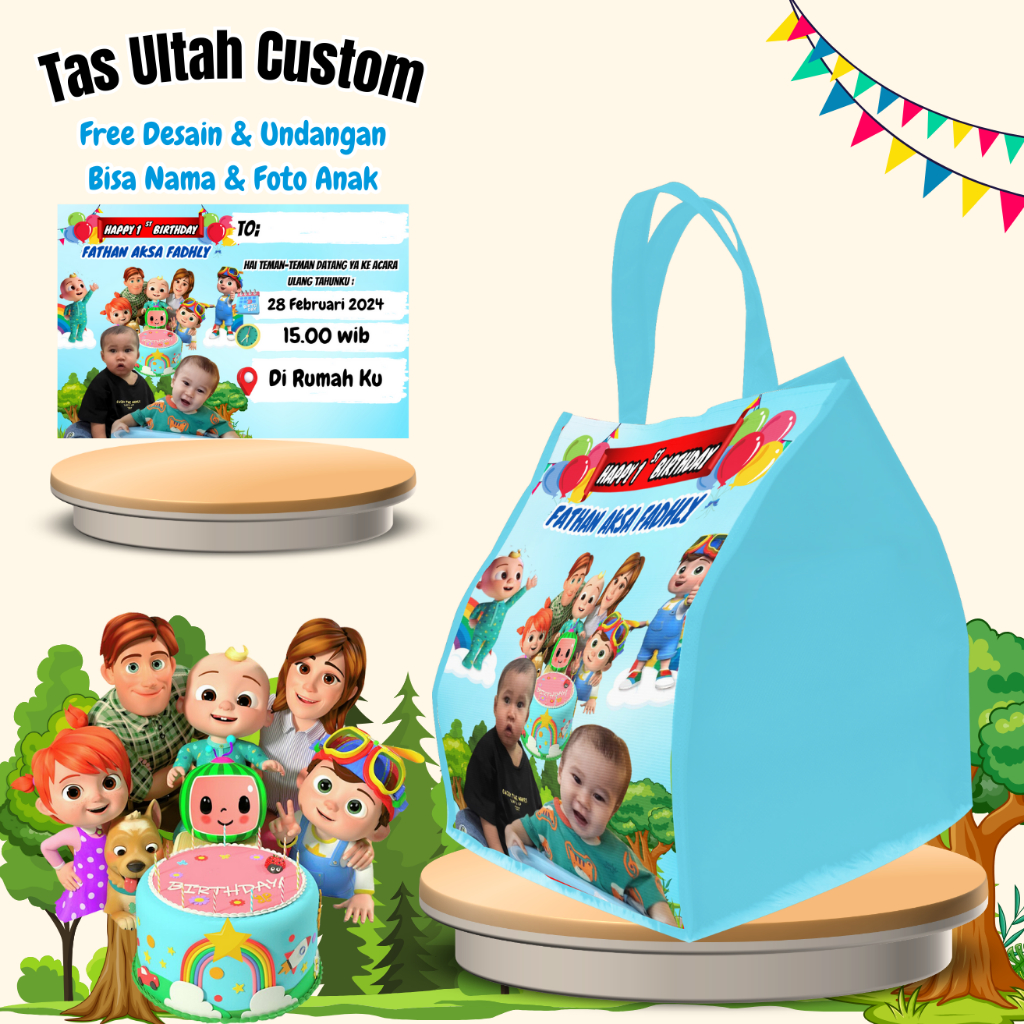 

100 Pcs Tas Ulang Tahun Anak Tedhak Siten Free Undangan Custom Foto & Nama Muat Box Bento & Snack