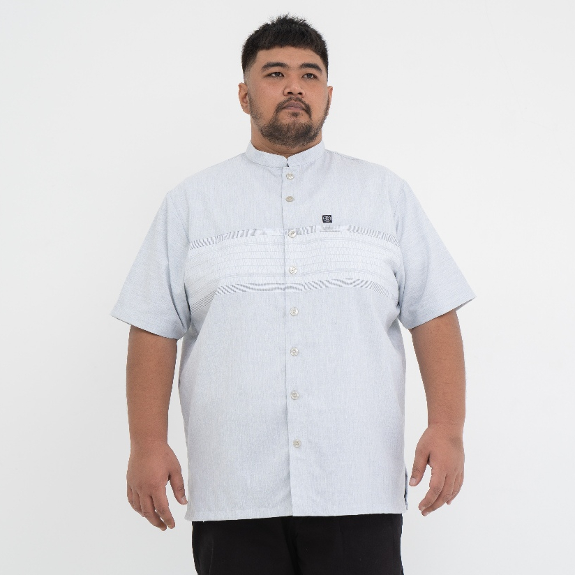 Kemeja Koko Jumbo Big Size Pria Laki Cowok Lengan Pendek Linen Slub Jacquard Silver Grey Dada Lurik 