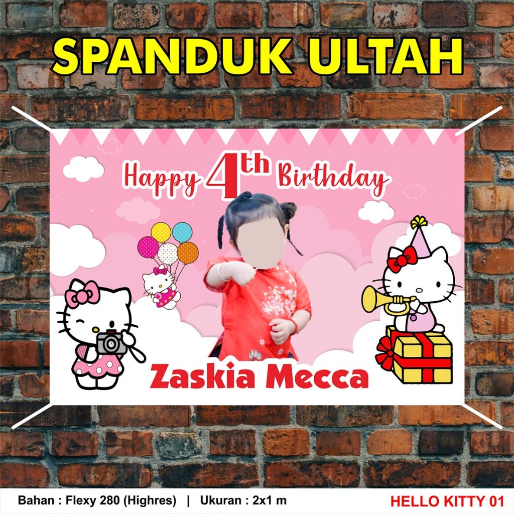 Spanduk / Banner Ulang Tahun - Hello Kitty, Bahan Flexy 280 Highres