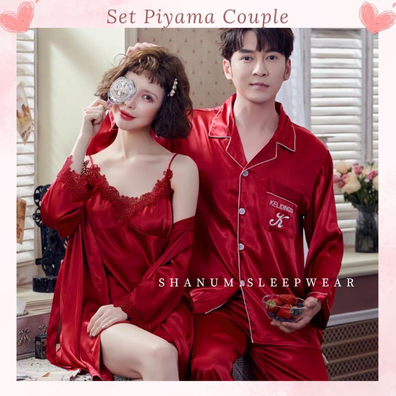 Set Piyama Kimono Lingerie Couple Satin Silk Premium / Baju Tidur Couple Pasangan Seserahan