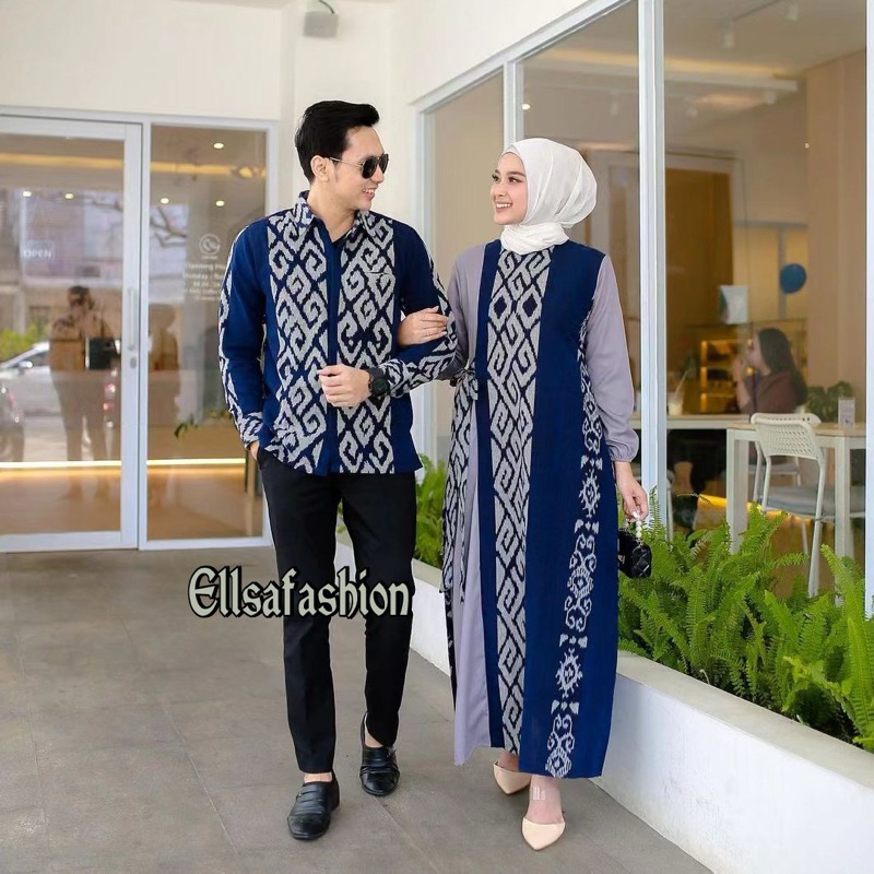 ready stok baju tenun etnik set couple gamis dan kemeja tenun baju kondangan,baju muslimah,baju leba