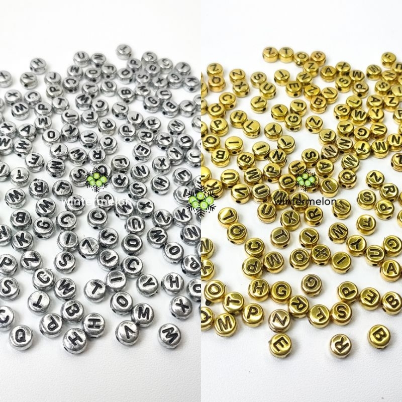30 Buah Manik Mote Huruf Emas Silver / Metalik / Manik Mote Huruf Emas / Manik Mote Huruf Silver / B