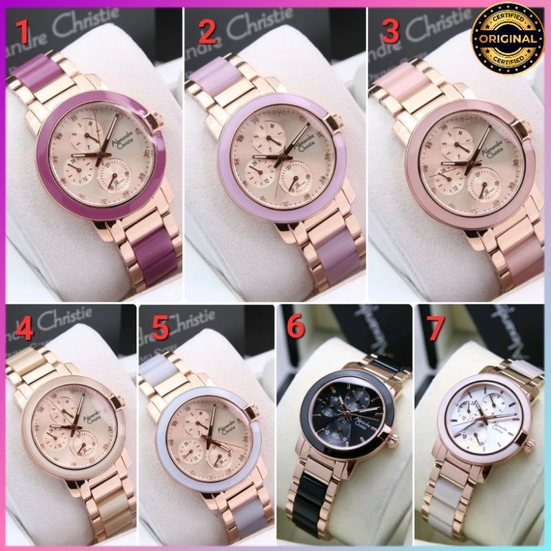 ORIGINAL GARANSI RESMI 1 TAHUN JAM TANGAN WANITA ALEXANDRE CHRISTIE ANALOG RANTAI STAINLESS KERAMIK 