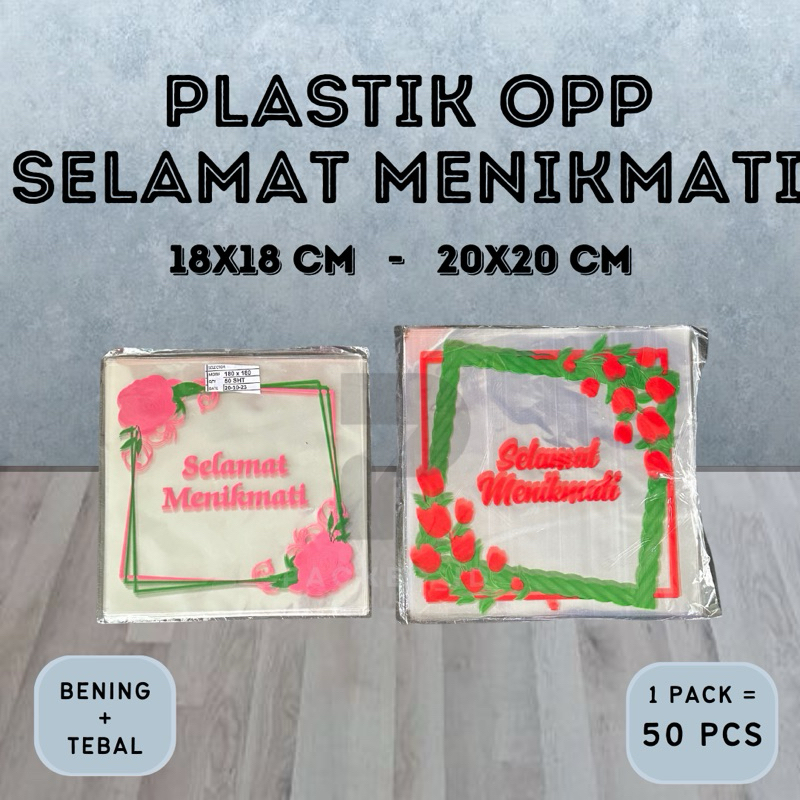 

(50 LBR) Plastik OPP Motif Selamat Menikmati tersedia ukuran 18x18 cm & 20x20 cm | Tutup Nasi Kotak - Plastik Tebal - Tutup Lauk