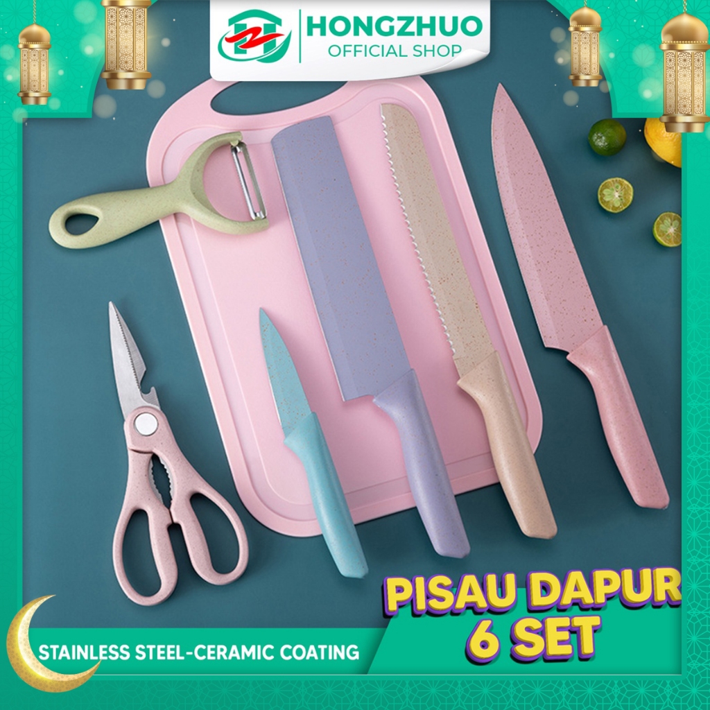 Hongzhuo 6in1 Pisau Dapur Set Korean Style Kitchen Knife Stainless Steel  Anti lengket High Quality