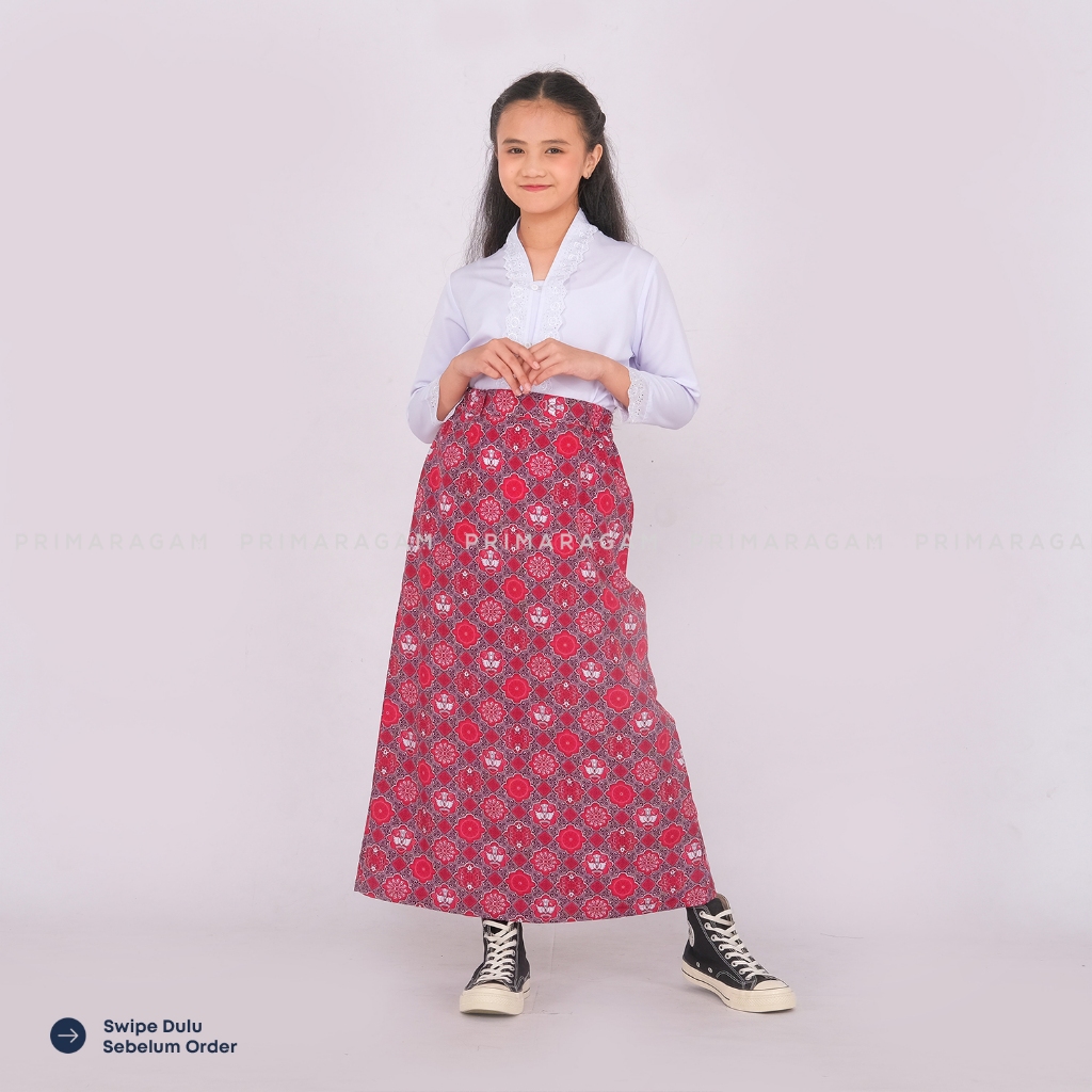 Primaragam Rok Kebaya Encim Batik SD Merah Panjang Pinggang Karet Belahan Belakang