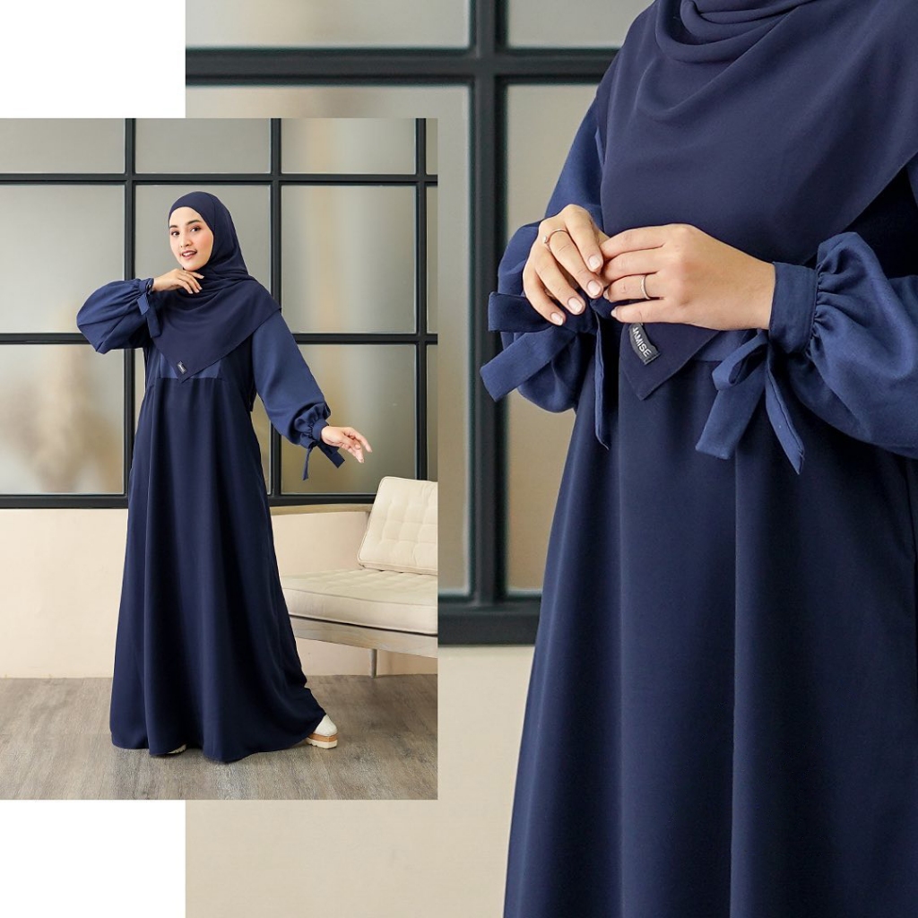 Gamis Dress Wanita Remaja Syar'i Kekinian Terbaru Dress Gamis Muslim Polos Kombinasi 2 Warna Navy