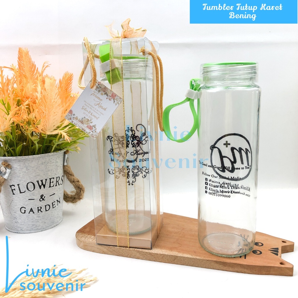 Souvenir Botol Tumbler Bening Tutup Karet Kemasan Mika Pita