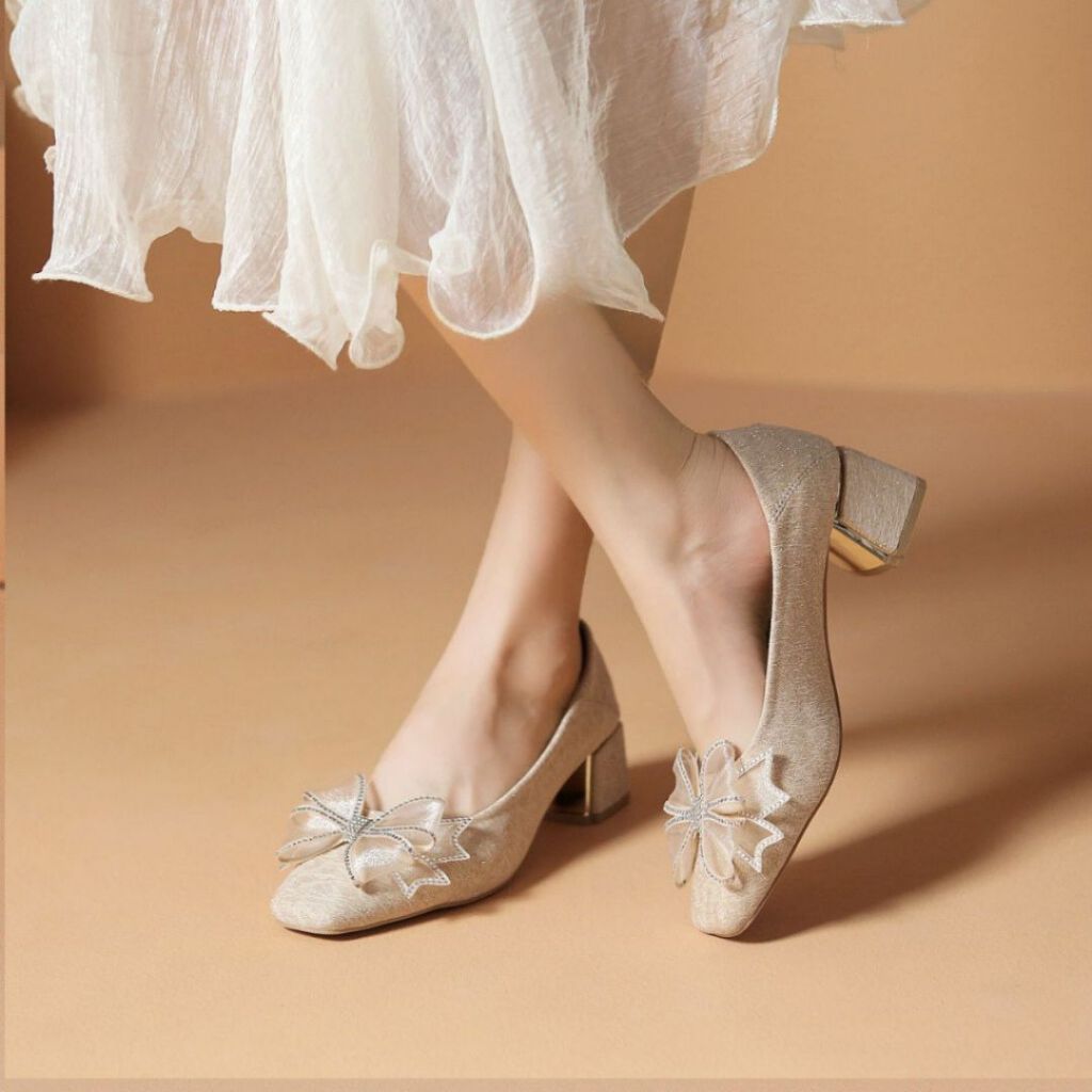 Sepatu Heels Wanita Import Kekinian Sepatu Hak Tahu Cewek Pita Glitter Pump Shoes Korea Style ZR237