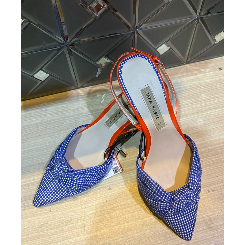 [BRAND NEW] ZARA Basic Blue Check Kitten Heels with bow