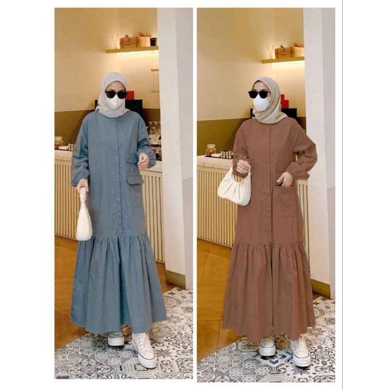 Kadipa Baju Muslim Dress Polos Panjang Poket Kekinian Ala Korea Ootd Muslim Oversize Fashion Hijab P