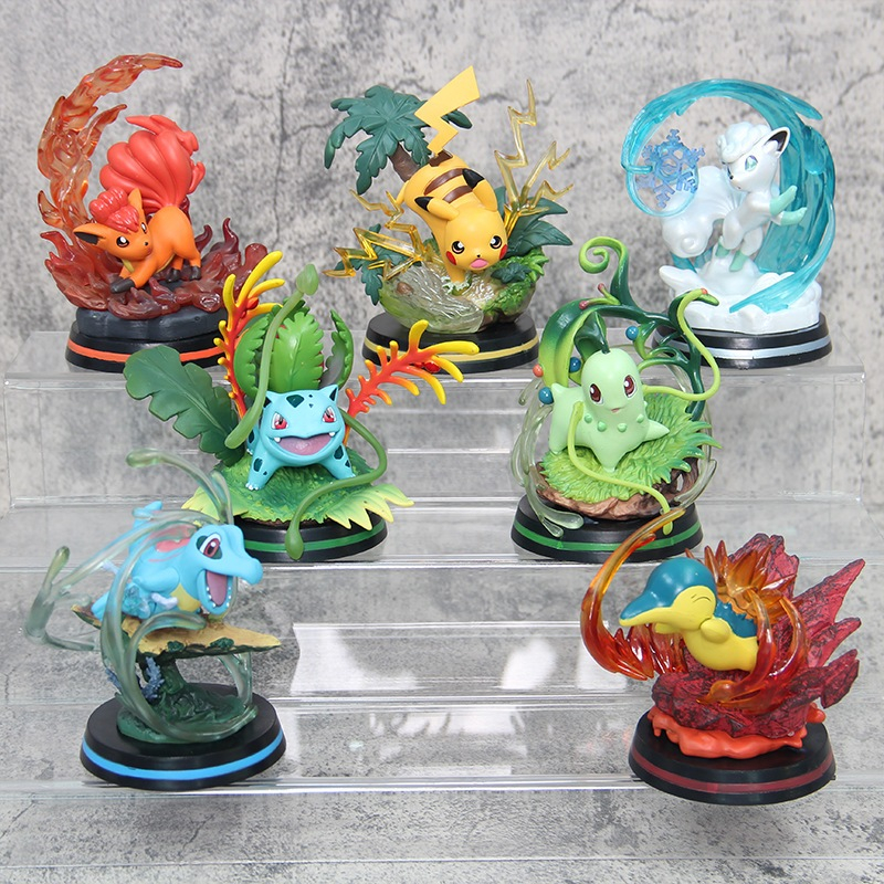 Action Figure Pokemon Diorama Pikachu Ivysaur Chikorita Totodile