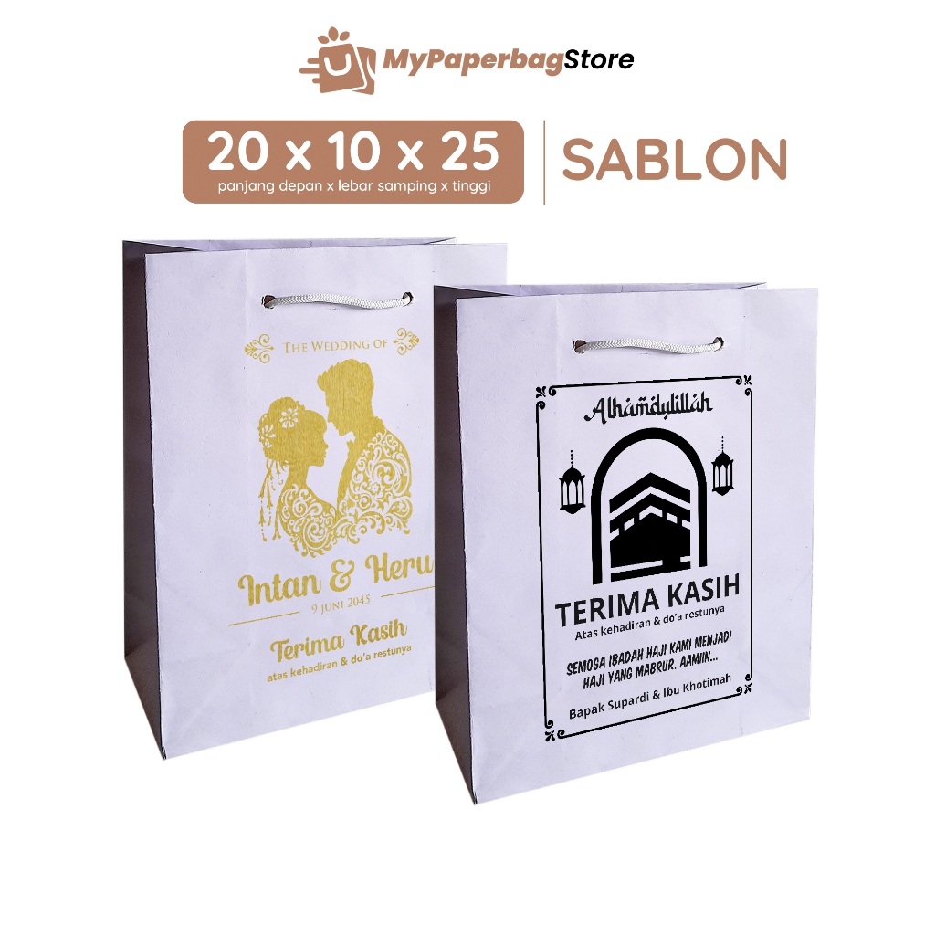 

Paperbag Sablon Tas Kertas Putih Ukuran 20x10x25 (R6) / Tas Souvenir Paper Bag Songgong Hajatan
