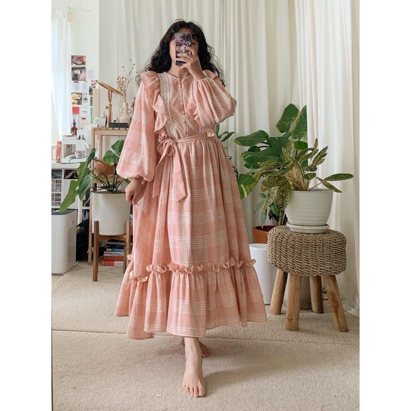 Starry Luna Dress in Peach Plaid S/M PRELOVED LIKE NEW - cottagecore coquette dress i am starry prel