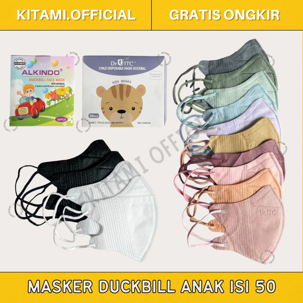 MASKER DUCKBILL ANAK ALKINDO DR.ITC | MASKER ANAK HITAM PUTIH WARNA WARNI ISI 50