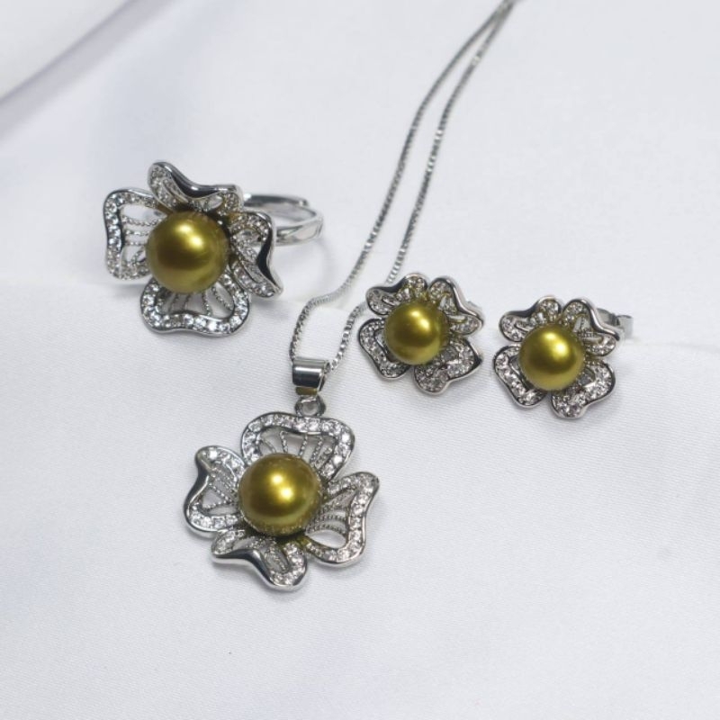 SET PERHIASAN LAPIS EMAS MUTIARA ASLI