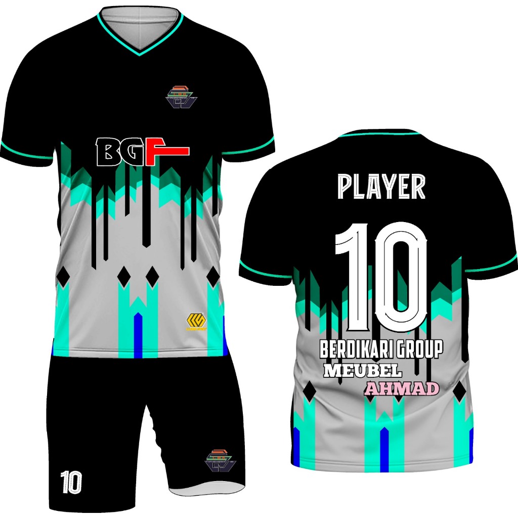 Setelan Jersey Sepak Bola / Futsal Hitam Abstrak (BGF) Full Printing
