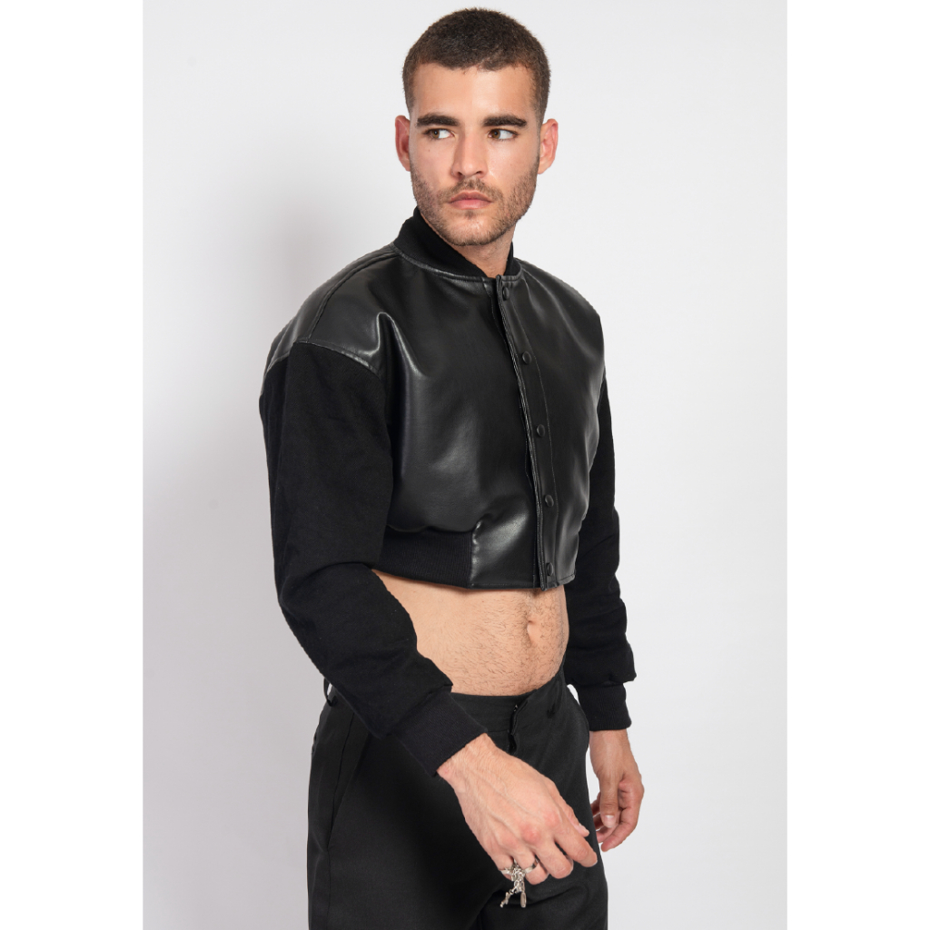 OCWA GUSTO VARSITY MIXED BLACK LEATHER DENIM JACKET
