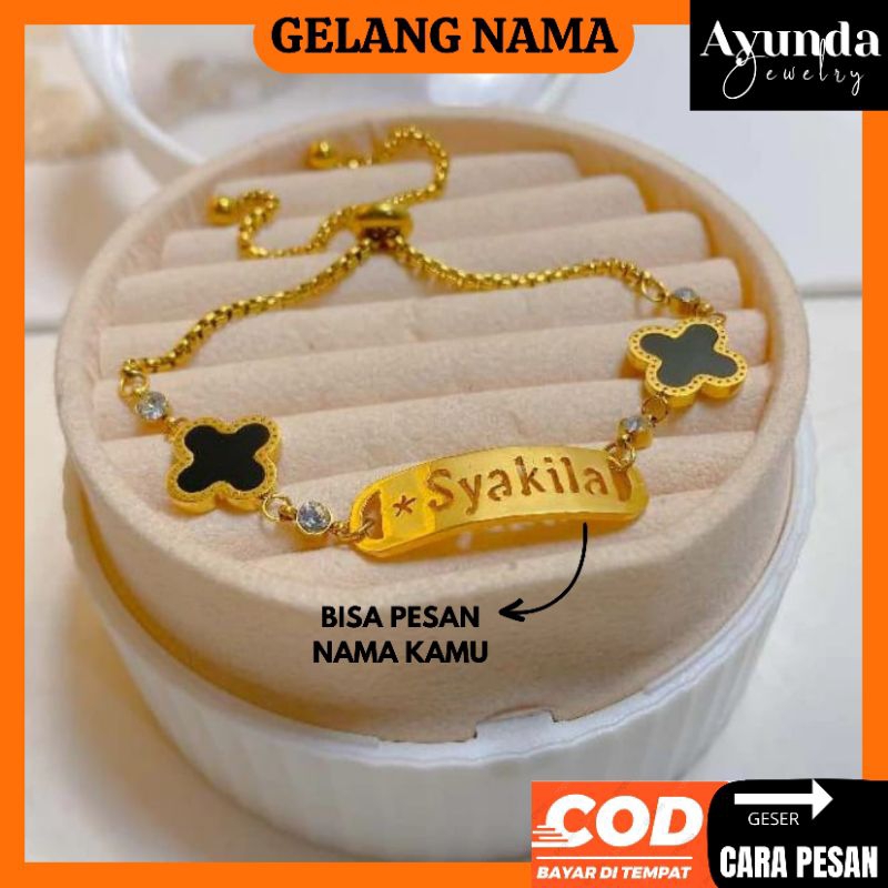 Ayunda Jewelry - Gelang Clover custom nama titanium model serut