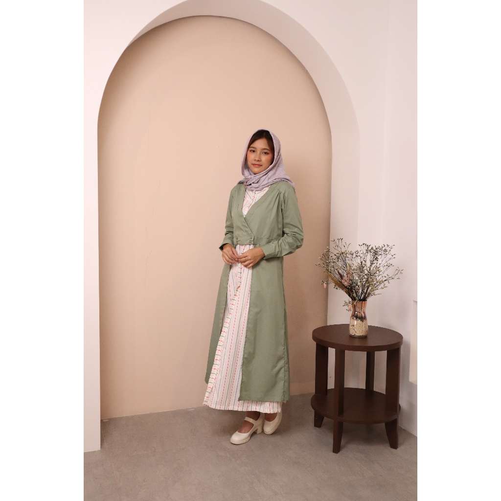 Gamis Dress Wanita Missty Freeteen One Set Outer Warna Hijau Inner Putih Motif Salur Garis Warna Put