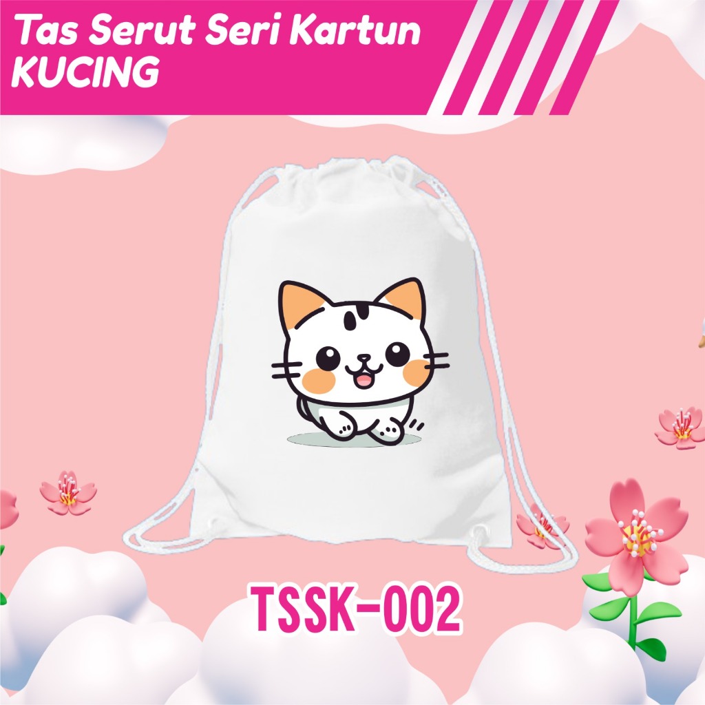 Tas Serut Custom Motif Kucing Lucu Kartun / String Bag Cat Lovers / Tas Souvenir Baby Canvas Printin