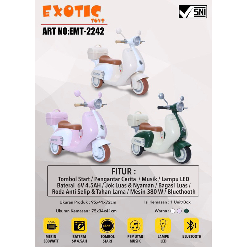 Mainan Anak Motor Aki Exotic EMT 2242 2232 2244 Vespa Mainan Anak Motor Motoran 2204 2239