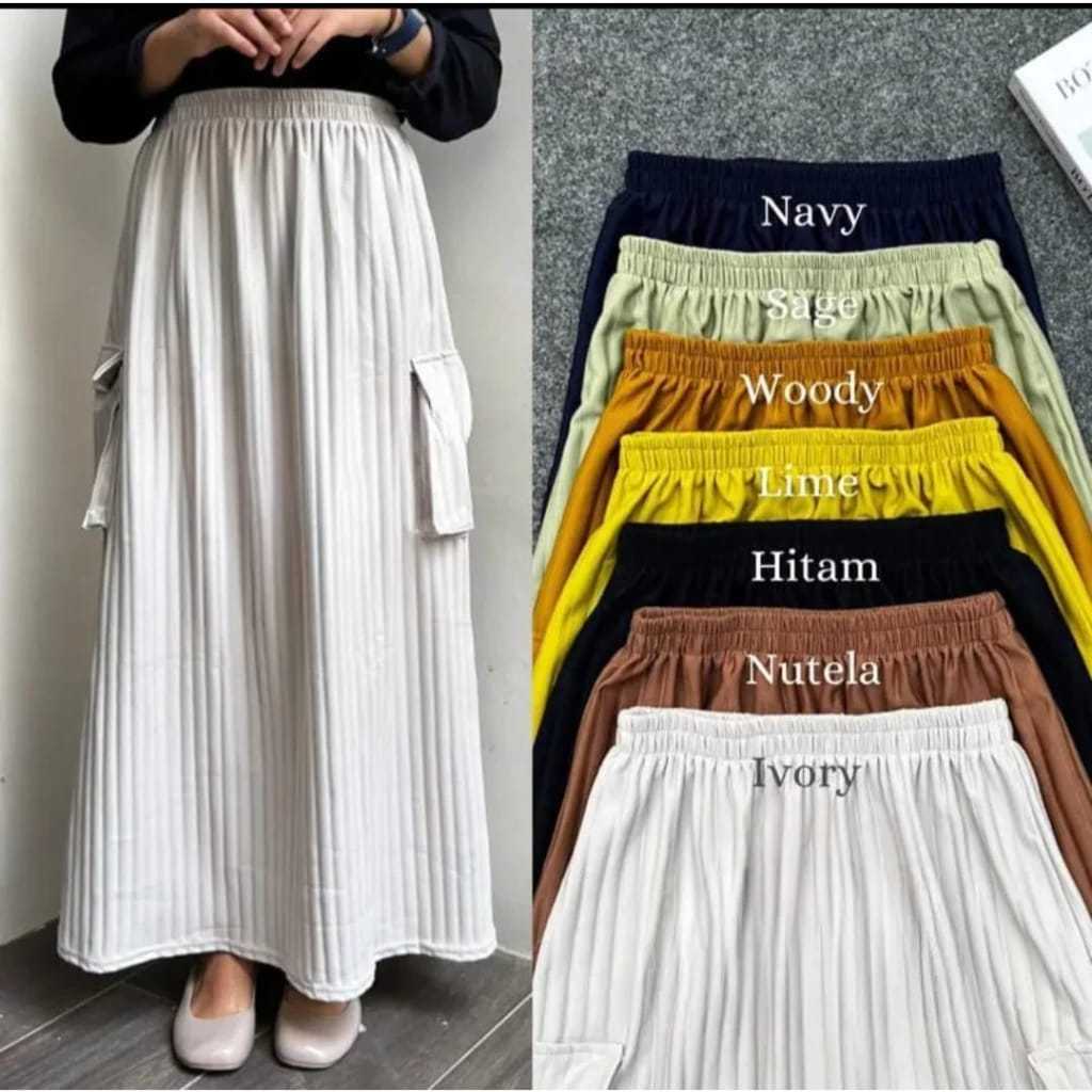 ROK CARGO HORNET SAKU KANAN KIRI TERMURAH PANJANG WANITA MUSLIMAH KNIT BESAR JUMBO // ROK CARGO KNIT