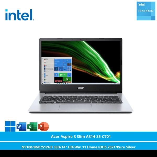 [FREE MOUSE WIRELESS] Acer Aspire 3 Slim A314-35-C701 [Intel Celeron N5100/8GB/512GB SSD/14″ HD/Win 