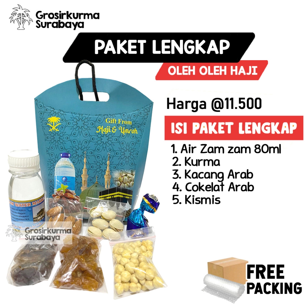 

BARU PAKET SOUVENIR OLEH OLEH HAJI UMROH Kemasan Kardus Isi Air Zam zam Cokelat Kerikil Kismis Arab