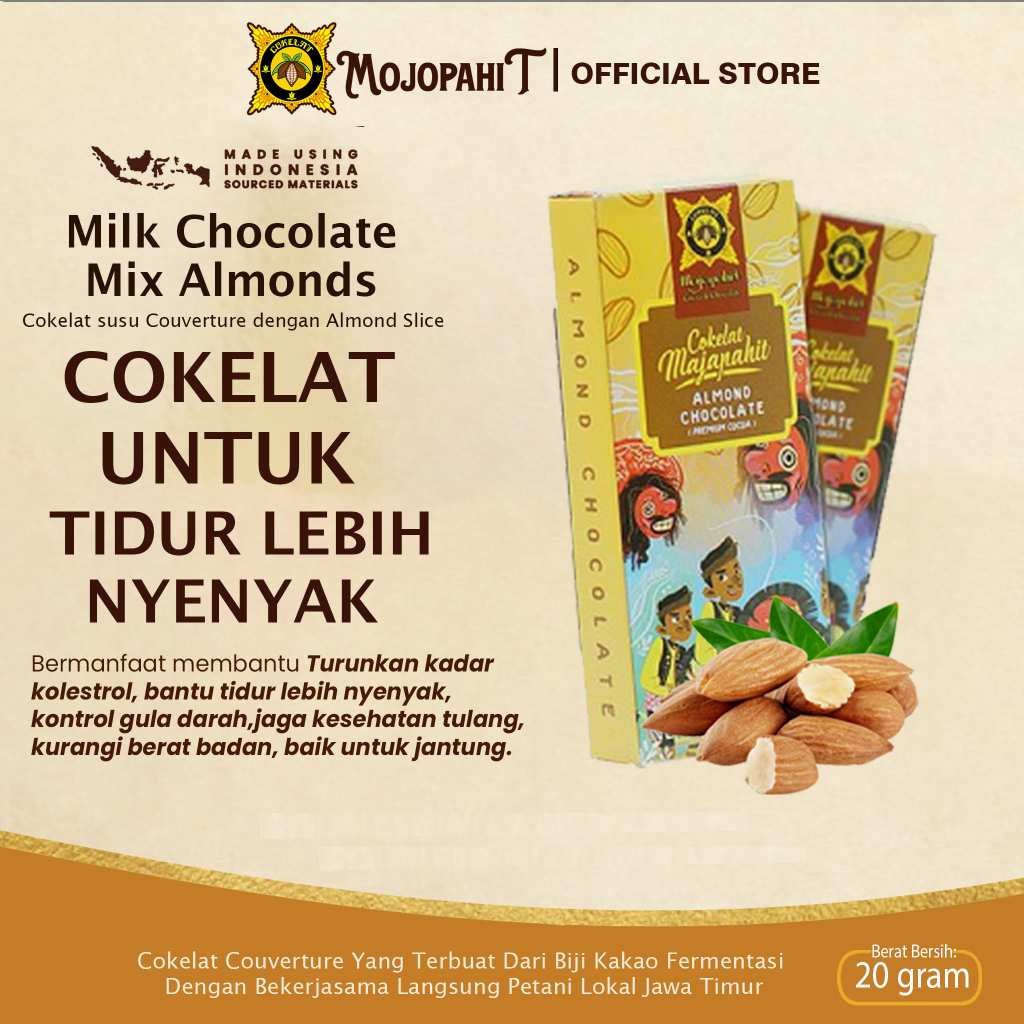

Cokelat Majapahit bar 10 gr| Almond Chocolate | Cokelat Susu isi Almond