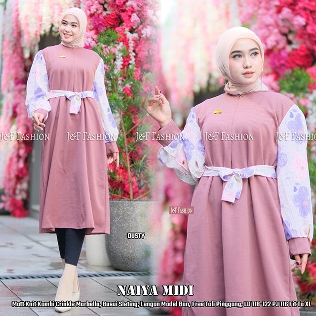 Long Tunik Wanita Kaos Knit Terbaru Motif Bunga Midi Dress Wanita Kekinian Matt Knit Rajut Import Ko