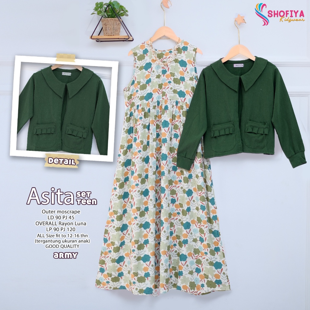 asita gamis dress dres baju pakaian busana overall rayon motif bunga setelan set 2in1 outer moscrepe