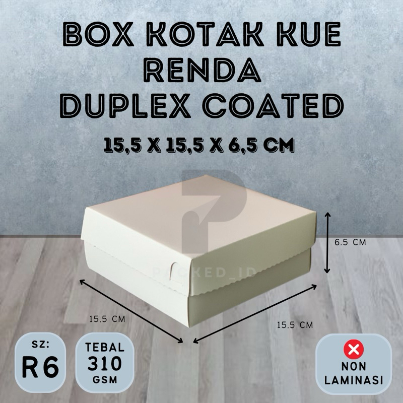 

Box Kotak Kue (R6) Renda Duplex Coated Putih Mengkilap ukuran 15,5x15,5x6,5 cm Ketebalan 310gsm Muat Aqua Gelas | Dus Kotak Kue Snack Box