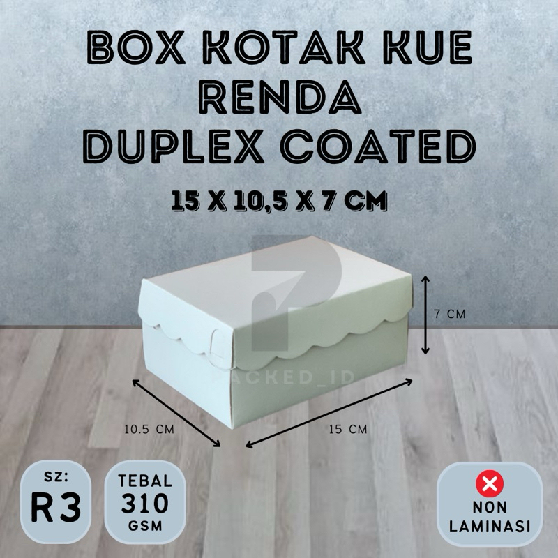 

Box Kotak Kue (R3) Renda Duplex Coated Putih Mengkilap ukuran 15x10,5x7 cm Ketebalan 310gsm Muat Aqua Gelas | Dus Kotak Kue Snack Box