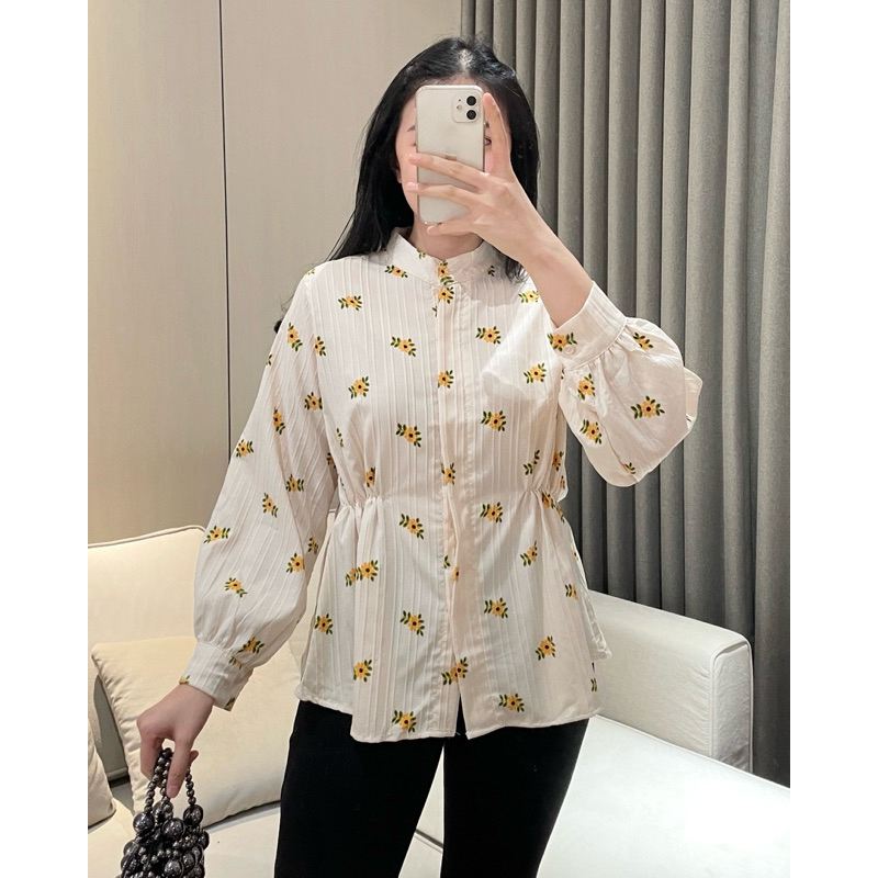 Eska Clothing - Maira Blouse Blus Kemeja Bunga Wanita Lengan Balon Oversize Crinkle Rayon Kerah Sang