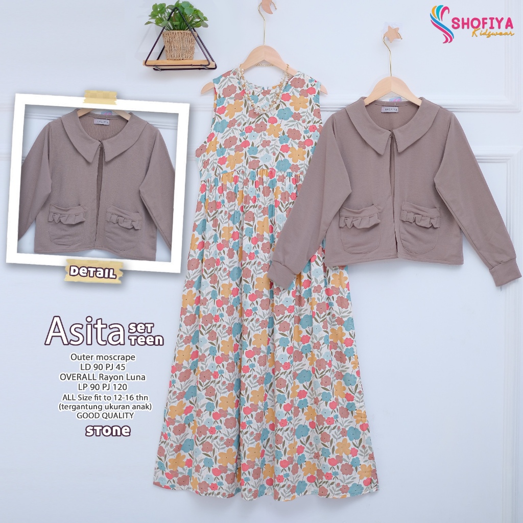 asita gamis dress dres baju pakaian busana overall rayon motif bunga setelan set 2in1 outer moscrepe