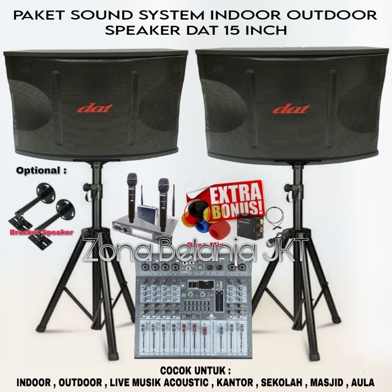 PAKET SOUND SYSTEM INDOOR OUTDOOR LIVE MUSIK KARAOKE SPEAKER DAT 15 INCH POWER MIXER 6 CHANNEL USB B