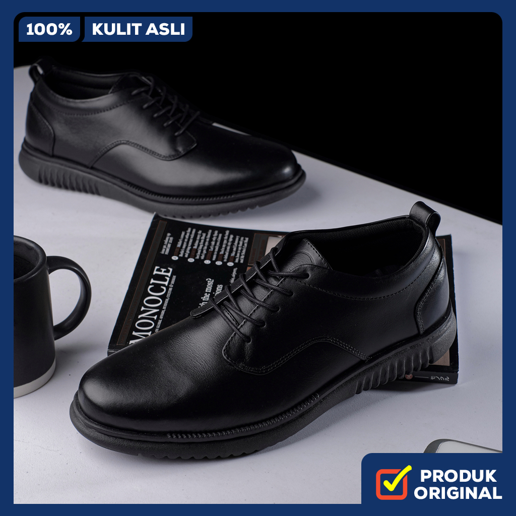 HATTA BLACK ORIGINAL x KENZIOS Sepatu Formal Kulit Sapi Asli Pantofel Tali Full Hitam Pria Kerja Kan