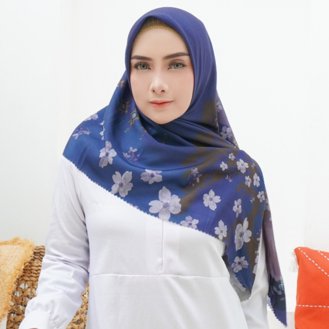 KENES SCARF - [KV22 Navy Blue Mix Denim] Hijab Kerudung Segiempat Voal Spesial Premium Motif Abstrac